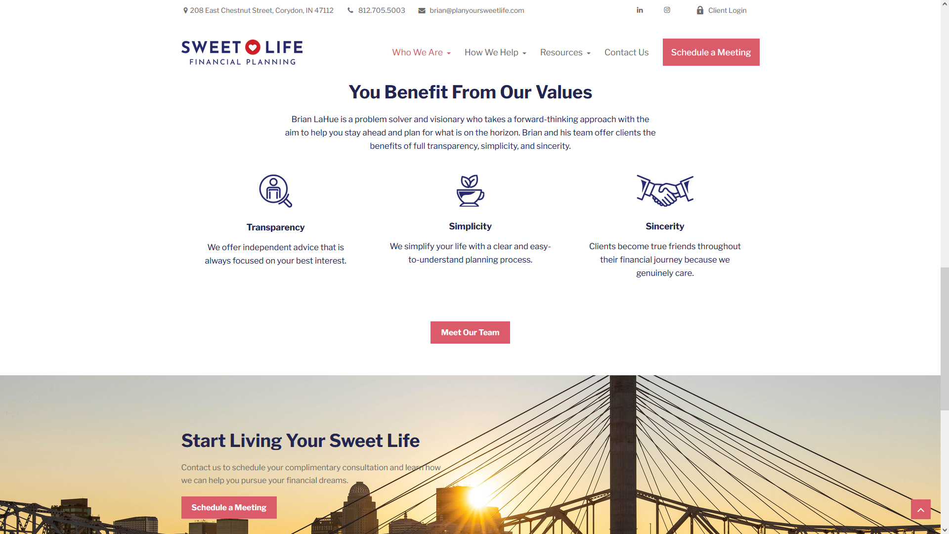 Sweet Life Financial Planning services page highlighting transparency, simplicity, and sincerity.